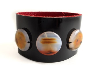 Handmade Black Patent Leather Cuff Bracelet with Crystal Agate Beads, Women's Leather Jewelry, Leather Accessories