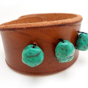 Brown Beaded Leather Cuff Bracelet with Teal Beads, Handmade Leather Jewelry, Leather Accessories for Women image 3