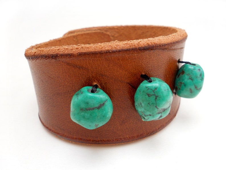 Brown Beaded Leather Cuff Bracelet with Teal Beads, Handmade Leather Jewelry, Leather Accessories for Women image 3