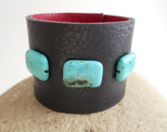 Black Patent Leather Cuff  with Turquoise Colored Howlite Beads, Handmade Leather Jewelry, Women's Leather Accessories