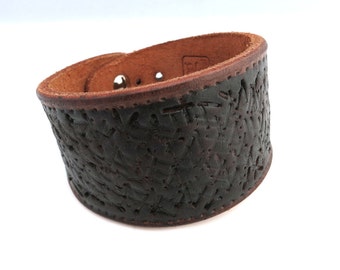 Hand Embossed Black and Brown Rawhide Leather Bracelet, Unisex Leather Jewelry, Leather Accessories