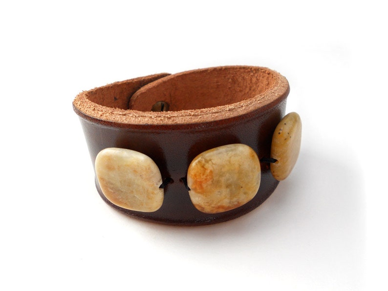 Brown Leather Wristband with Yellow Jade Stone Beads, Handmade Leather Jewelry, Women's Leather Accessories, Rawhide image 3