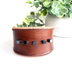 Handmade Leather Cuff Bracelet: Hematite Beads, Adjustable Cowhide Wristband