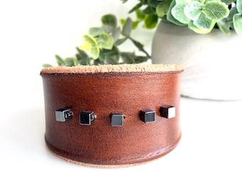 Handmade Genuine Leather Cuff Bracelet for Women: Hematite Beads, Adjustable Strap