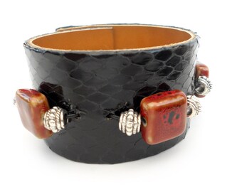 Black Snakeskin Bracelet with Red Beads, Handmade Beaded Women's Leather Jewelry, Leather Accessories