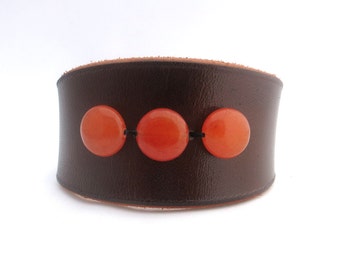 Brown Leather Cuff with Orange Beads