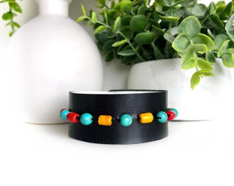 Handmade Black Leather Bracelet: Turquoise & Turkish Glass Beads, Unique Artisan Women's Leather Jewelry