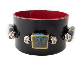 Black Patent Leather Cuff Bracelet with Blue Beads and Red Leather Lining, Beaded Leather Jewelry, Leather Accessories for Women