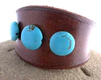 Women's Rawhide Leather Cuff Bracelet with Round Turquoise Colored Beads, Leather Jewelry, Leather Accessories