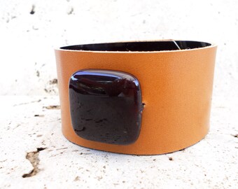 Beaded Leather Cuff Bracelet in Caramel, Leather Jewelry, Women's Leather Accessories