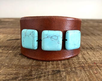 Handmade Leather Cuff Bracelet with Turquoise Colored Beads, Adjustable Strap