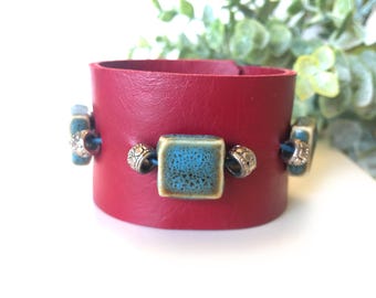Handmade Red Leather Cuff Bracelet: One of a Kind with Blue Clay Beads