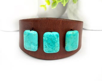 Genuine Leather Cuff Bracelet with Turquoise Colored Beads, Unique Handmade Artisan Leather Jewelry for Women