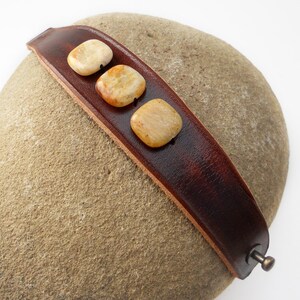 Brown Leather Wristband with Yellow Jade Stone Beads, Handmade Leather Jewelry, Women's Leather Accessories, Rawhide image 2