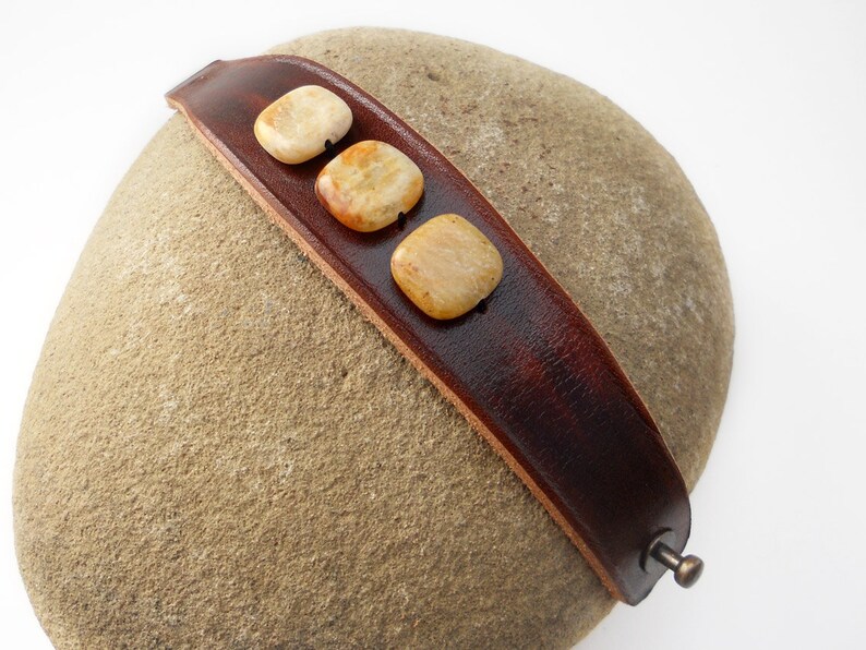 Brown Leather Wristband with Yellow Jade Stone Beads, Handmade Leather Jewelry, Women's Leather Accessories, Rawhide image 2