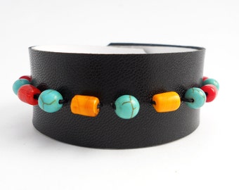 Black Leather Bracelet with Turkish Glass Beads and Turquoise Beads, Leather Jewelry, Leather Accessories for Womenn