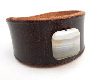 Women's Rawhide Leather Cuff Bracelet with White Agate Bead, Handmade Leather Jewelry, Unique Leather Accessories