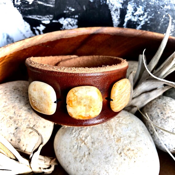 Handmade Leather Cuff Bracelet: Jade Gemstone Bead Boho Bracelet, Unique Jewelry, Women's Accessory