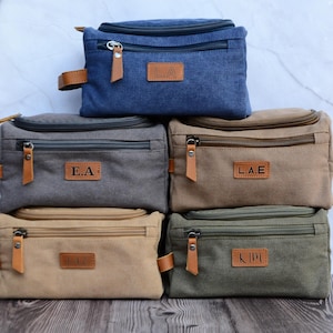 Trousse de toilette personnalisée, trousse de toilette pour homme, sac de voyage en cuir et toile, sac Dopp, cadeau pour lui, sac Dopp gravé, cadeau d'anniversaire
