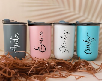 Vasos de acero inoxidable personalizados de 10 oz, taza de café personalizada con tapa para dama de honor