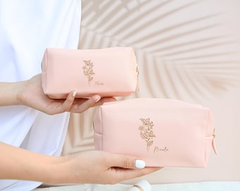 Personalized Leather Bridesmaid Cosmetic Bag, Custom Name Toiletry Travel Make up Bag