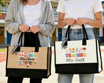 Personalized Teacher Tote Bag, Custom Name Work Bag, Back To School Gift for Teachers