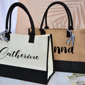 Sac fourre-tout avec nom personnalisé, grand sac à bandoulière personnalisé, sac en jute, sac fourre-tout de plage de demoiselle d'honneur, sac fourre-tout lune de miel, sac fourre-tout de plage en toile de coton