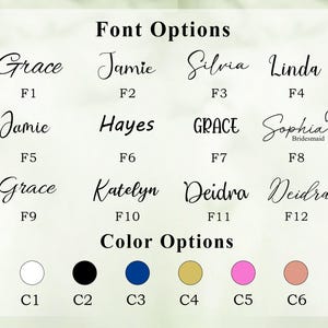 Puede incluir: Imagen que muestra opciones de fuente y color. El texto muestra varios estilos de fuente, incluyendo Grace, Jamie y Silvia, etiquetados de F1 a F12. Las opciones de color incluyen blanco, negro, azul, dorado, rosa y melocot&oacute;n, etiquetadas de C1 a C6.
