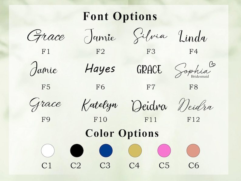 Puede incluir: Imagen que muestra opciones de fuente y color. El texto muestra varios estilos de fuente, incluyendo Grace, Jamie y Silvia, etiquetados de F1 a F12. Las opciones de color incluyen blanco, negro, azul, dorado, rosa y melocot&oacute;n, etiquetadas de C1 a C6.