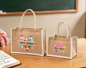Bolso de tela de arpillera personalizado para profesor/a, regalo con nombre personalizado