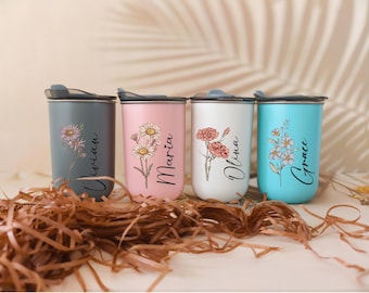 Vasos de acero inoxidable personalizados de 10 oz, taza de café con flor de nacimiento personalizada para mujer, regalo de cumpleaños
