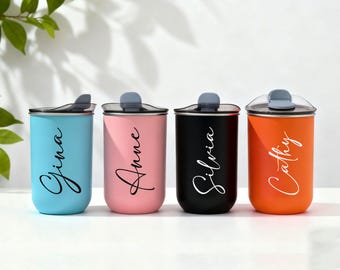 Vaso de vino personalizado de acero inoxidable con tapa, taza de viaje con nombre personalizado, regalo para ella