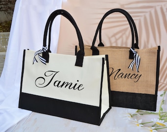 Personalized Bridesmaid Tote Bag – Custom Name Jute Beach Bag for Wedding Party Gifts