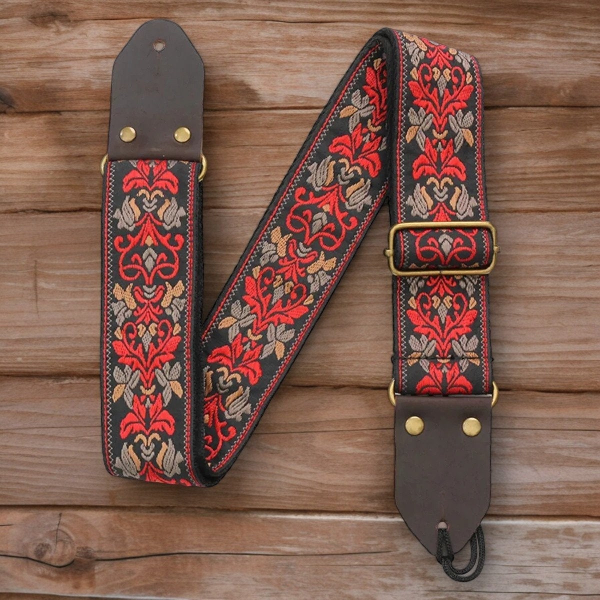 Embellished Yellow & Red Boho Guitar Strap with Blue Rhinestones red-blue-hippie-circle-guitar-  main image 3