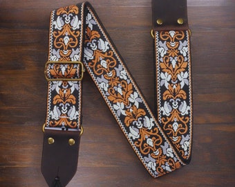 Gold Embroidery Guitar Strap - Flower Boho Design Acoustic Guitar Strap Fender Electric Guitar Bass Leather, Gift for Dads Fathers Day