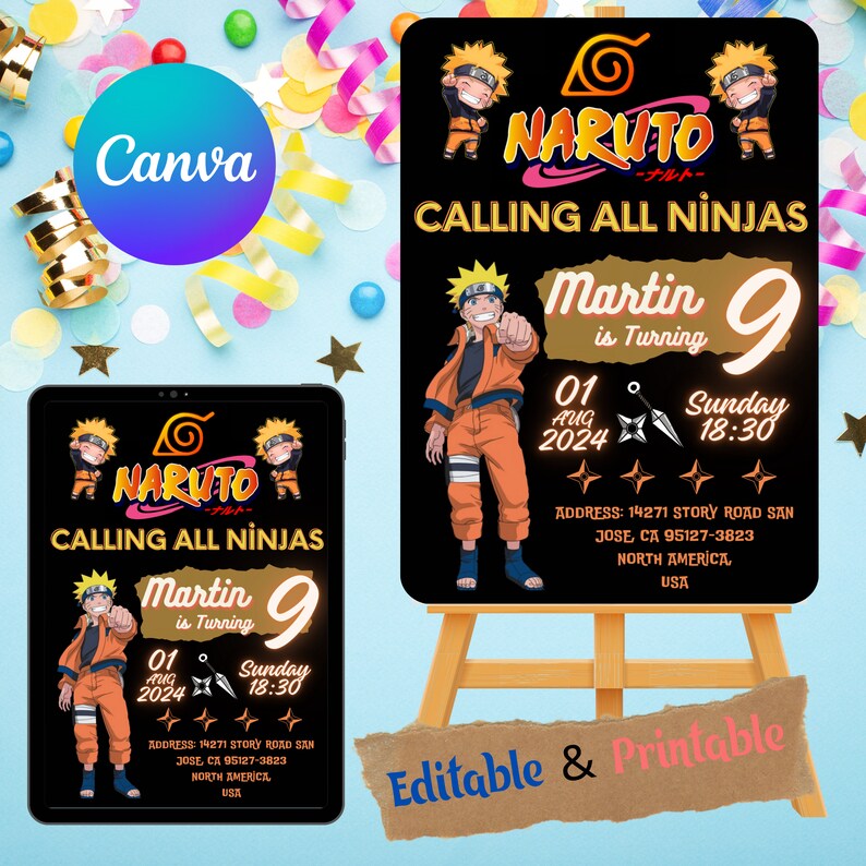 Kids Birthday Invitation, Uzumaki Naruto Anime Invitation Template ...