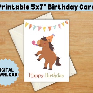Biglietto d'auguri stampabile per bambini cavallo, download istantaneo, biglietto da 5x7", design animale divertente e adorabile per i compleanni dei bambini