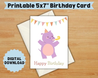 Printable Kids Hippopotamus Birthday Card, Instant Download, 5x7" Card, Fun and Adorable Animal Design for Children's Birthdays