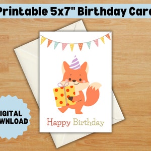 Carte d'anniversaire imprimable renard pour enfants, téléchargement immédiat, carte de 5 x 7 po., design animal amusant et adorable pour les anniversaires d'enfants