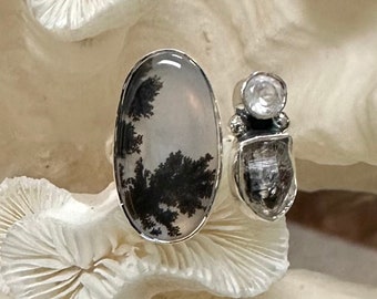 Simple Scenic Dendrite & Herkimer Diamond Combo Ring Size 7.75