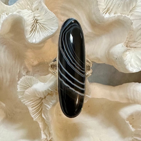 Beautiful Black Botswana Agate Ring Size 7