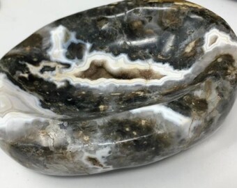 Beautiful Druzy Ocean Jasper Flower Pattern Polished Display Collectable Core Bowl