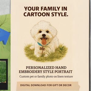 Personalized Hand Embroidery Style Portrait | Custom Pet or Family Photo on Linen Texture, Cartoon portrait for Gift Decor Digital Download