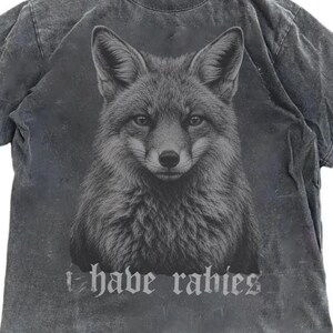 May include: A charcoal gray short-sleeve t-shirt with a washed-out, distressed finish. The front features a detailed black and white illustration of a fox head centered on the chest, with the text "i have rabies" printed in a gothic font below.