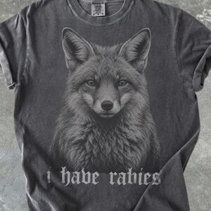 May include: A charcoal gray short-sleeve t-shirt featuring a detailed black and white illustration of a fox head centered on the chest. Below the fox graphic, the text "i have rabies" is printed in a gothic-style font. The shirt has a crew neck.