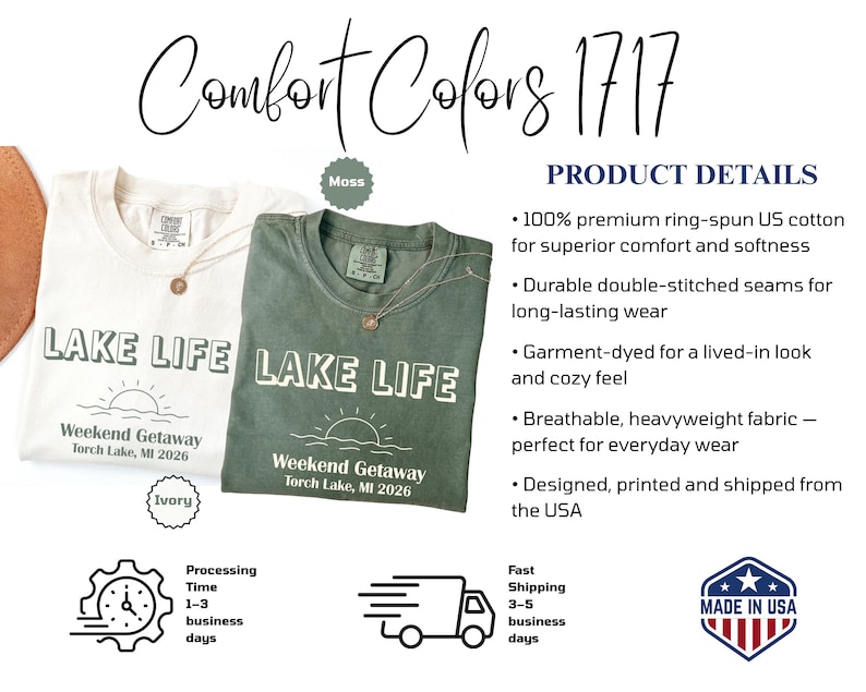 May include: Two Comfort Colors 1717 t-shirts in ivory and moss green. Each shirt features the text LAKE LIFE above a sun and wave graphic, with the text Weekend Getaway Torch Lake, MI 2026 below. The shirts have a crew neck and short sleeves.