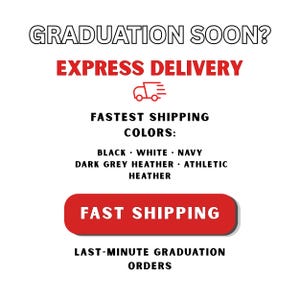May include: White background with text: "GRADUATION SOON? EXPRESS DELIVERY" in red. "FASTEST SHIPPING COLORS: BLACK WHITE NAVY DARK GREY HEATHER ATHLETIC HEATHER" is also displayed. A red button reads "FAST SHIPPING".