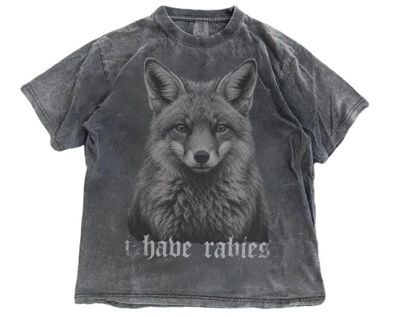 May include: A charcoal gray short-sleeve t-shirt with a washed-out, distressed finish. The front features a detailed black and white illustration of a fox head centered on the chest, with the text "i have rabies" printed in a gothic font below.