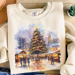 Boho Retro Christmas Sweatshirt - Mountain Village Scene, 90s Pine Tree Decor, Cozy Holiday Cabin Outfit, Unisex Winter Crewneck, Xmas Gift