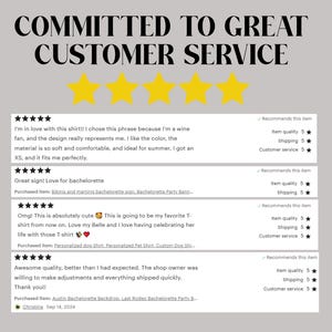 May include: A customer review graphic featuring the text COMMITTED TO GREAT CUSTOMER SERVICE above five yellow stars. Below are four individual five-star reviews with text, ratings for item quality, shipping, and customer service, and item names.